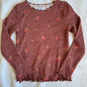 Girls Old Navy Rose Print Ribbed Long Sleeve Top - Rust Size 6-7